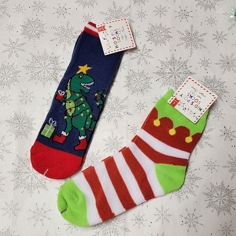 Christmas Kid's Poly Socks Festive Holiday Dinosaur T-rex and Christmas Elf Xmas